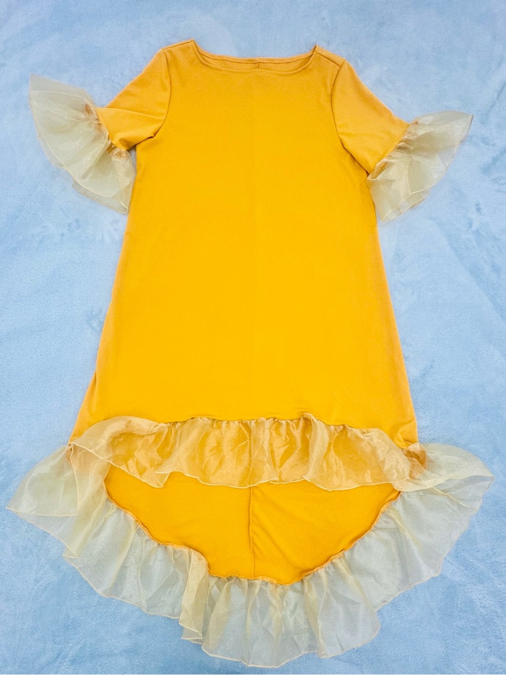 Yellow Ruffle High-Low Dress with Sheer Organza Trim